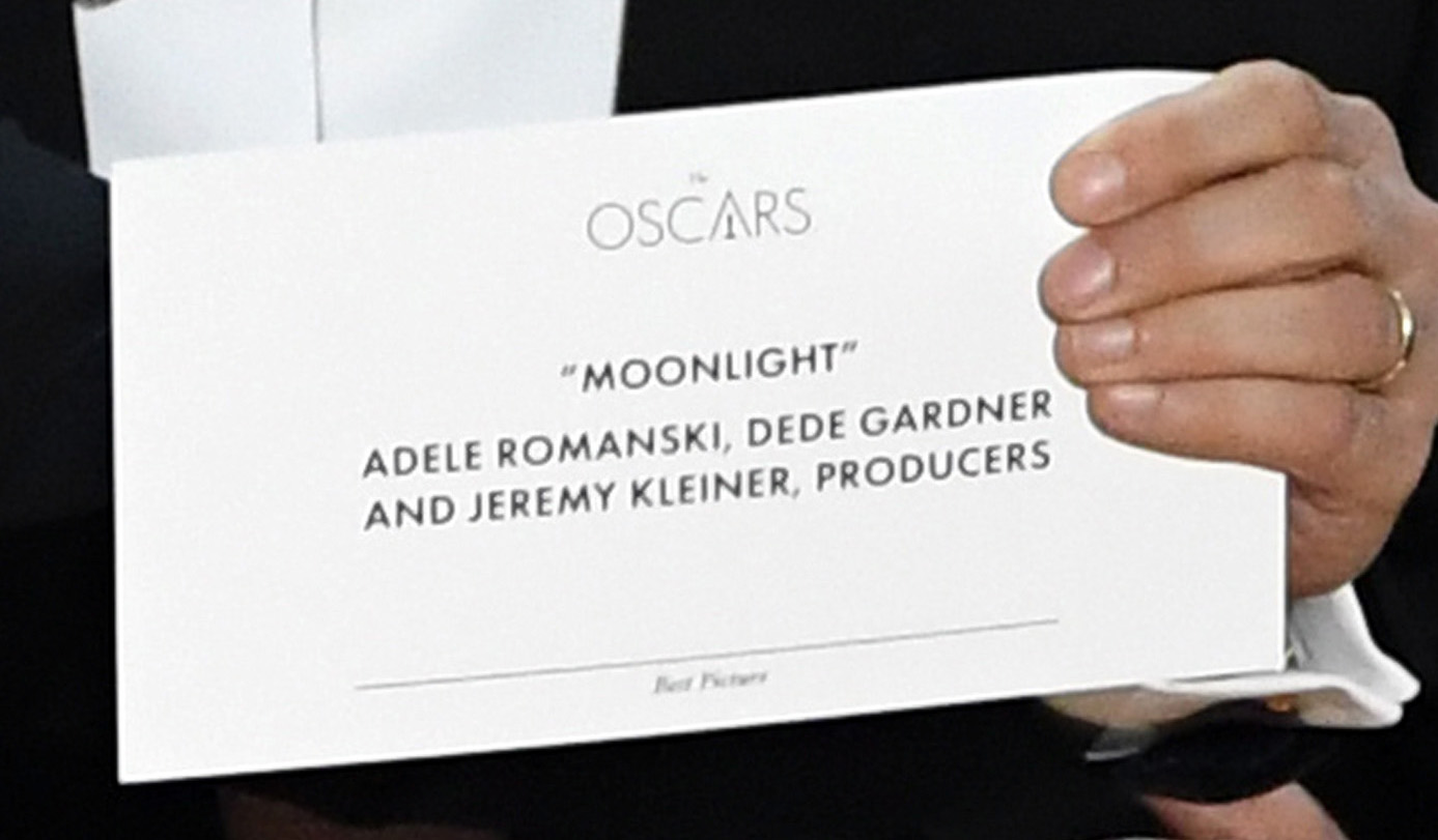 HOLLYWOOD, CA - FEBRUARY 26: Detail shot as 'La La Land' producer Jordan Horowitz holds up the winner card reading actual Best Picture winner 'Moonlight' onstage during the 89th Annual Academy Awards at Hollywood & Highland Center on February 26, 2017 in Hollywood, California. (Photo by Kevin Winter/Getty Images)